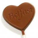 Bespoke Heart chocolate Lollipop with Belfast engraved lettering