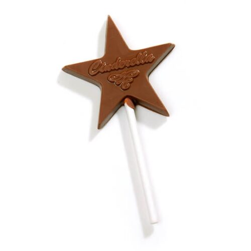 A star-shaped chocolate lollipop with "Cinderella" engraved on it from the Irregular Shape Lollipops collection.