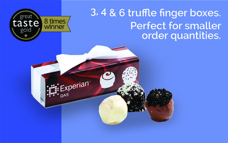 Box of truffles with white ribbon beside three assorted truffles. Text highlights packaging options and awards.