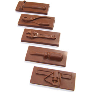 a display of milk chocolate bars with a different tool design on each bar.