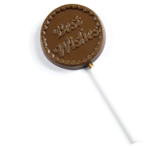 best_wishes_v2 A "Best Wishes Lollipop" with "Best Wishes" embossed on chocolate and attached to a white stick.