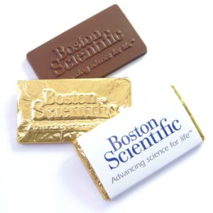 Three "Chocolate Business Card Personalised Wrapper" bars featuring "Boston Scientific" branding, with brown chocolate, gold foil accents, and white packaging.