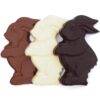 bunny_2_milk_white_dark Three Bite Me Chocolate Bunny figures in a row: milk chocolate, white chocolate, and dark chocolate.