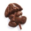 Bunny with Carrot Lollipop, shaped like a chocolate bunny, features an embossed design with floppy ears and a carrot.