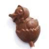 A chocolate lollipop shaped like a hatching chick, called "Chick in Egg Lollipop.
