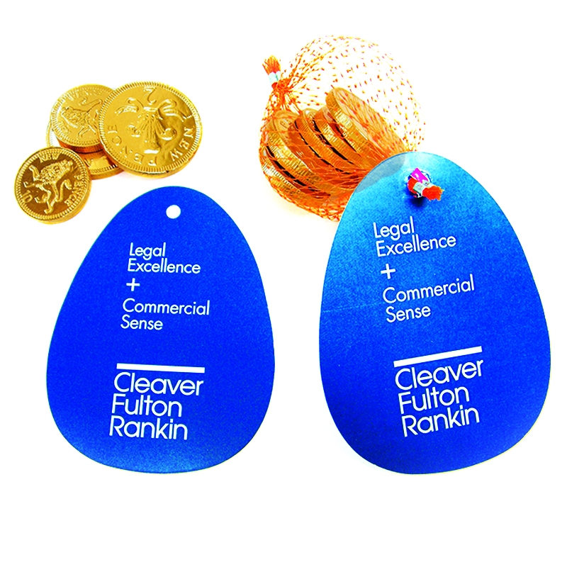 Gold Foil Chocolate Coin Net with Irregular Shaped Tag