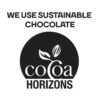cocoahorizons_logo_wesupport_black_square_28_1_1_1_2 The Jolly Roger Pirate Flag Lollipop features a logo reading "We Use Sustainable Chocolate" above the "Cocoa Horizons" emblem, showcasing a stylized cocoa bean and leaf.