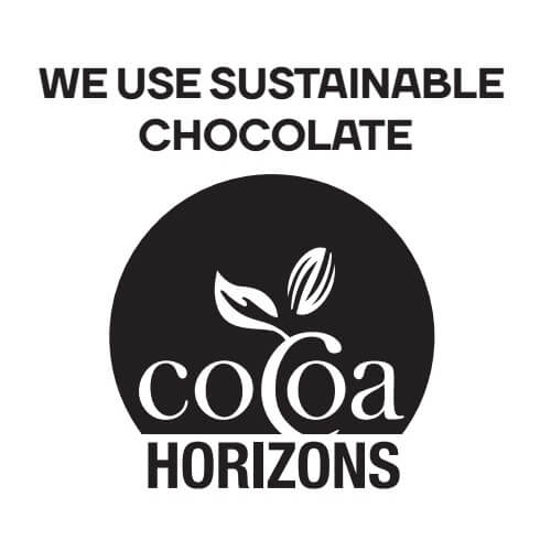 cocoahorizons_logo_wesupport_black_square_54 Logo with text: "Boxing Glove Lollipop uses sustainable chocolate" above a circular emblem showing "Cocoa Horizons" with a stylized cocoa bean and leaf.