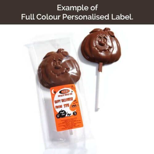 full_colour_label_v8_square_7 Two Pregnant Lady Lollipops, one wrapped with a personalized Halloween label, the other unwrapped.