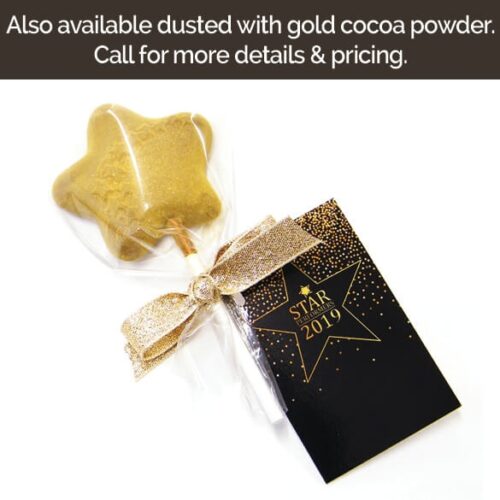 A Star Lollipop, shaped like a star and dusted with gold cocoa powder, wrapped in clear plastic with a ribbon, is placed beside a card inscribed "Star 2019".