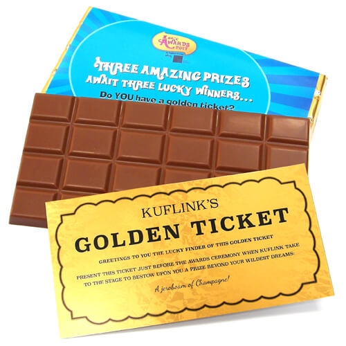 Golden Ticket Chocolate Bar featuring a grid pattern and highlighting an exciting prize contest.