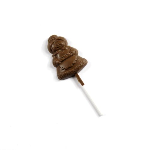 granny_large_m2 Grandma Lollipop: A chocolate lollipop shaped like a person wearing a dress and hat, set against a white background.