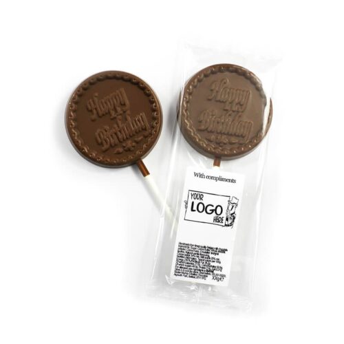Two "Happy Birthday" lollipops, one unwrapped and the other in clear packaging featuring a "Your Logo Here" label.