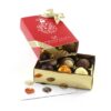 Open the red and gold Customised Christmas 6 Chocolate Box containing assorted truffles, adorned with a ribbon and a card detailing each flavor.