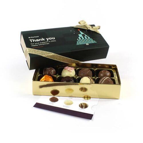 img_4059_-_2_1 A Customised Christmas 8 Chocolate Box featuring assorted chocolates in an open dark box with a thank you message on the lid, adorned with a gold ribbon and accompanied by a card identifying the chocolates inside.