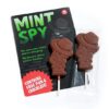Chocolate lollipops designed as spies, presented in a "Mint Spy" card package featuring promotional text from Lollipop Packaging Styles.