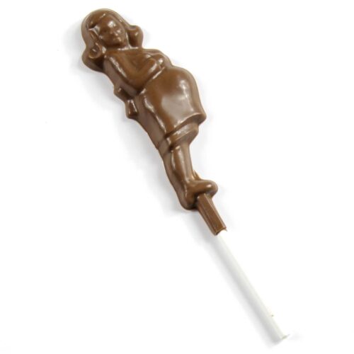 A chocolate lollipop named "Pregnant Lady Lollipop," featuring a girl shape and a white stick.