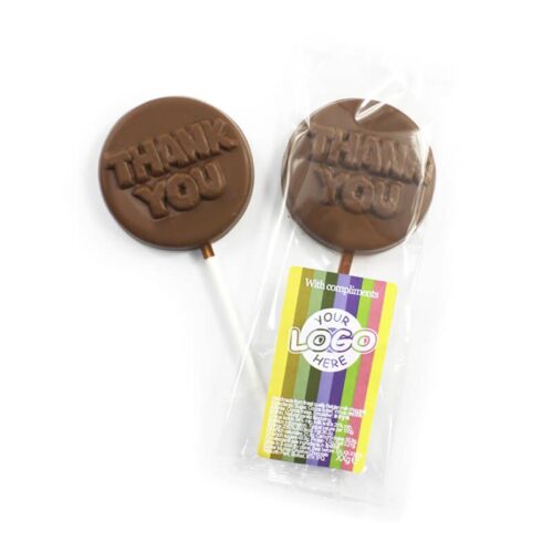 thank_you_fc_800_1 Two Thank You Lollipops: one unwrapped; the other in clear packaging with a colorful label stating "With compliments" and "Your Logo Here.