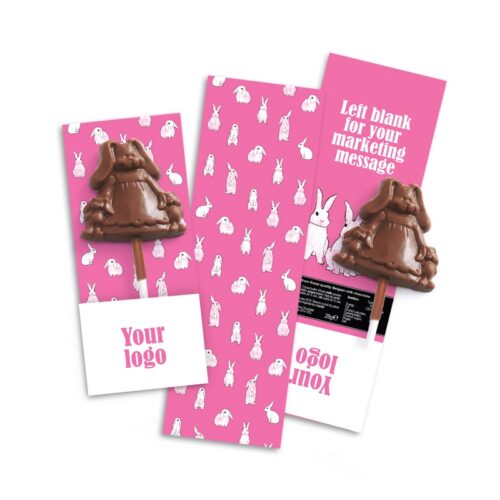 Three pink and white bookmarks with rabbit designs, space for a logo and marketing message, each paired with a Yummy Mummy Bunny Lollipop.