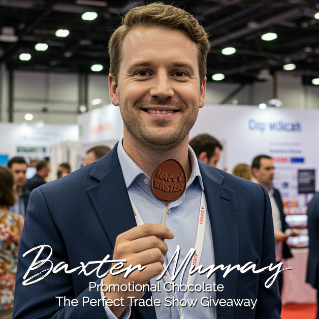 Man holding a chocolate egg-shaped lollipop at a trade show, text overlay reads "Baxter Murray Promotional Chocolate: The Perfect Trade Show Giveaway.