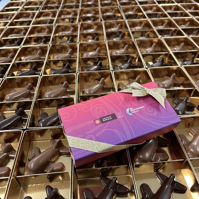 Rows of chocolate airplane figures in gold packaging with a decorative box placed on top.