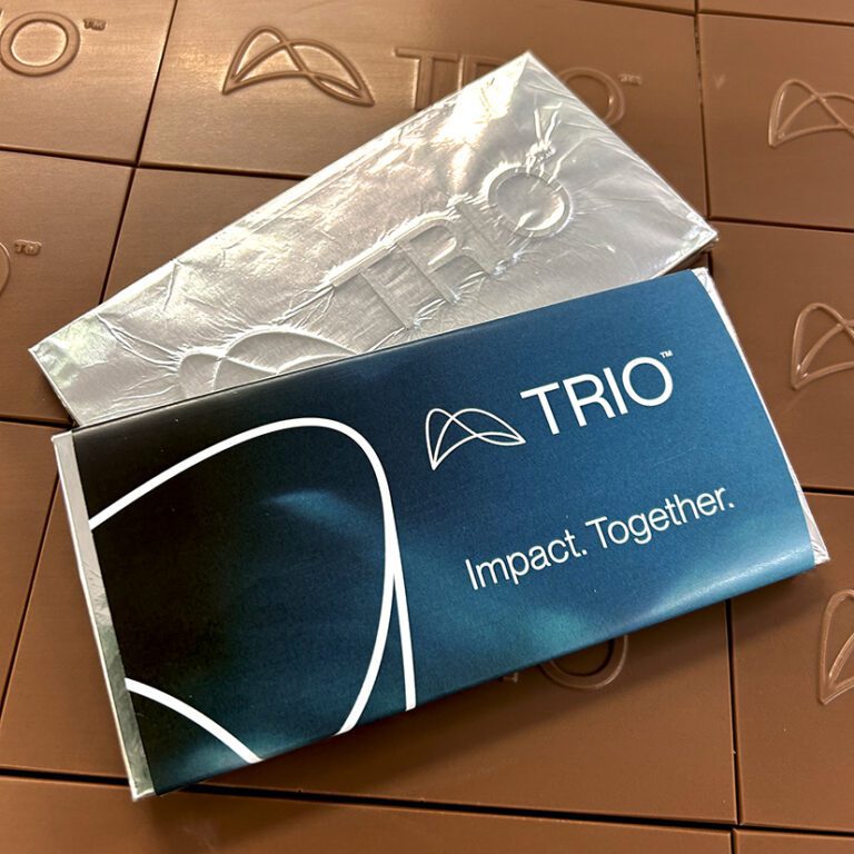 Premium chocolate bar, fully custom design with a foil wrapped bar and a personalised wrapper.