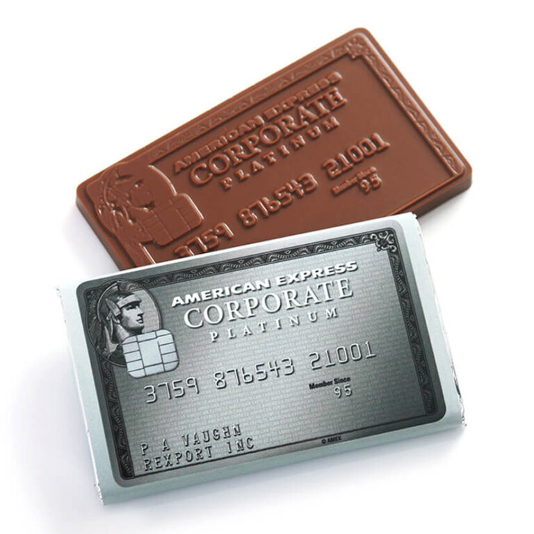 A Belgian milk bespoke chocolate replica of an American Express credit card.