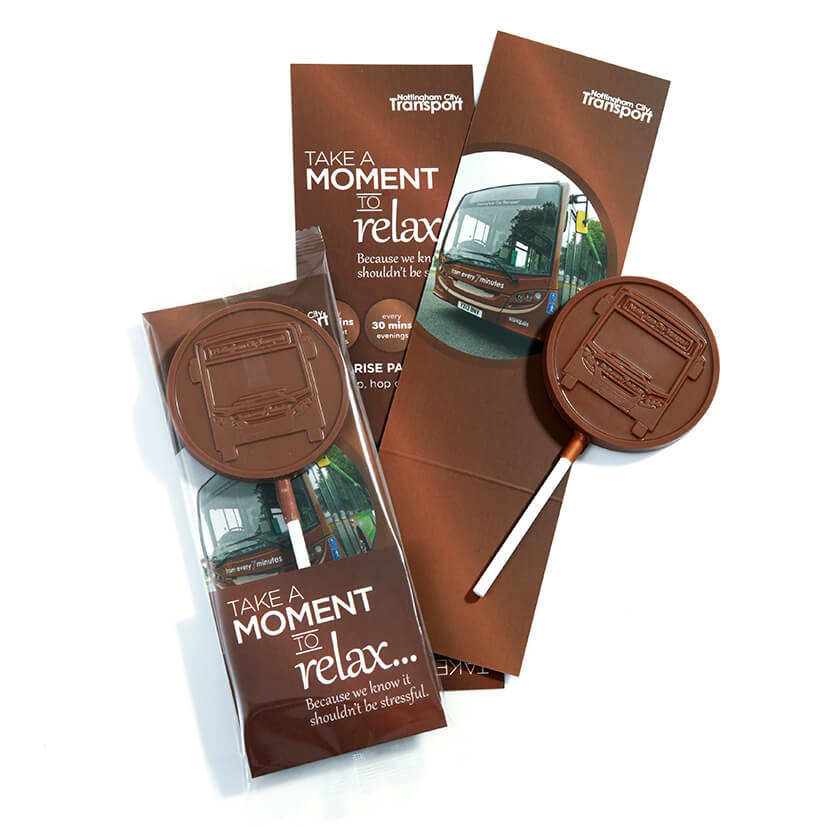 custom chocolate lollipop on a branded card, trade show branded merchandise.