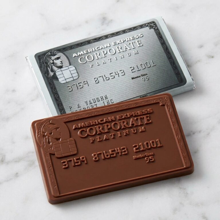 quality branded merch in the form of a bespoke chocolate bar replica of an American Express chocolate credit card