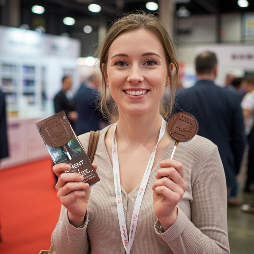 A woman holding custom chocolate merchandise at a corporate event.