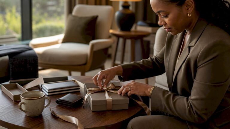 Businesswoman wrapping luxury client gift box