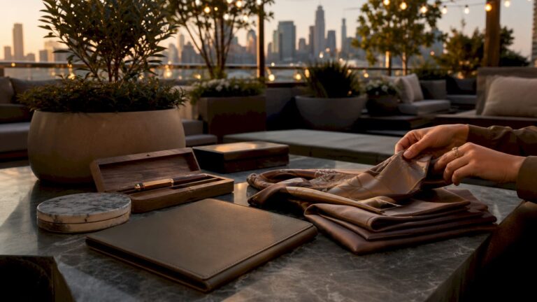 Luxury promotional gifts on conference table with hands