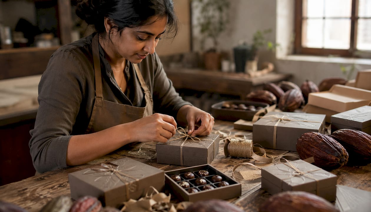 Artisan packing customised sustainable chocolate gifts