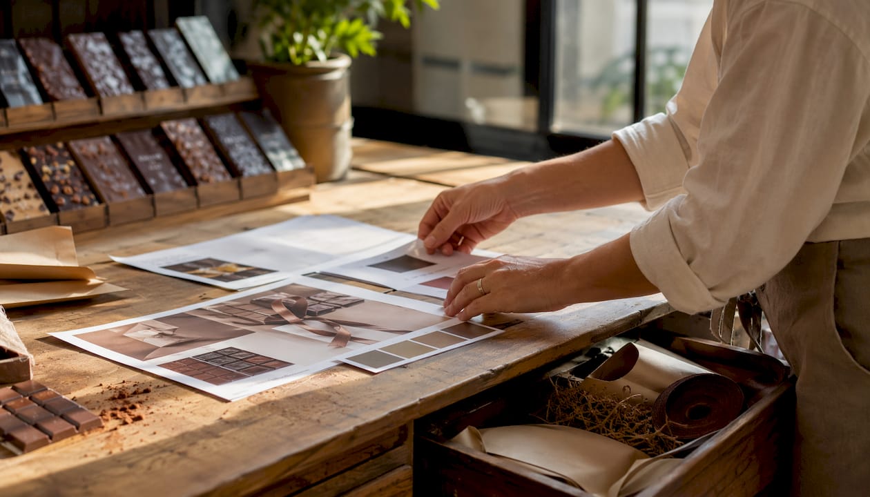 Hands proofing corporate chocolate artwork materials