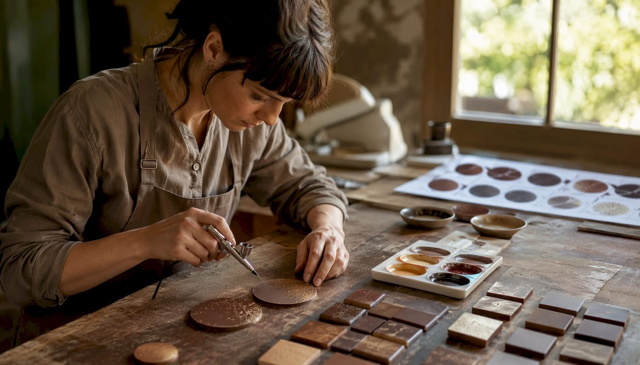 Hands applying edible ink on chocolate bars