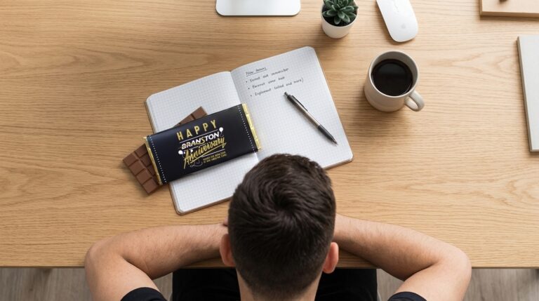 Custom Chocolate for Staff. Work Anniversary branded chocolate bar, sitting on a notebook on a desk with a pen and coffee cup.