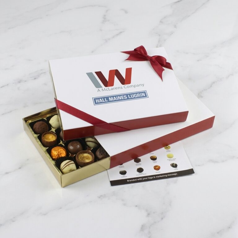 corporatechocolate gits of two branded chocolate boxes, one open revealing the chocolates inside.