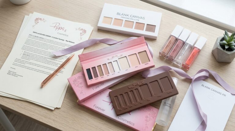 custom chocolate for product launches, a desk in a pr office with an eye shadow palette and a chocolate version beside it.
