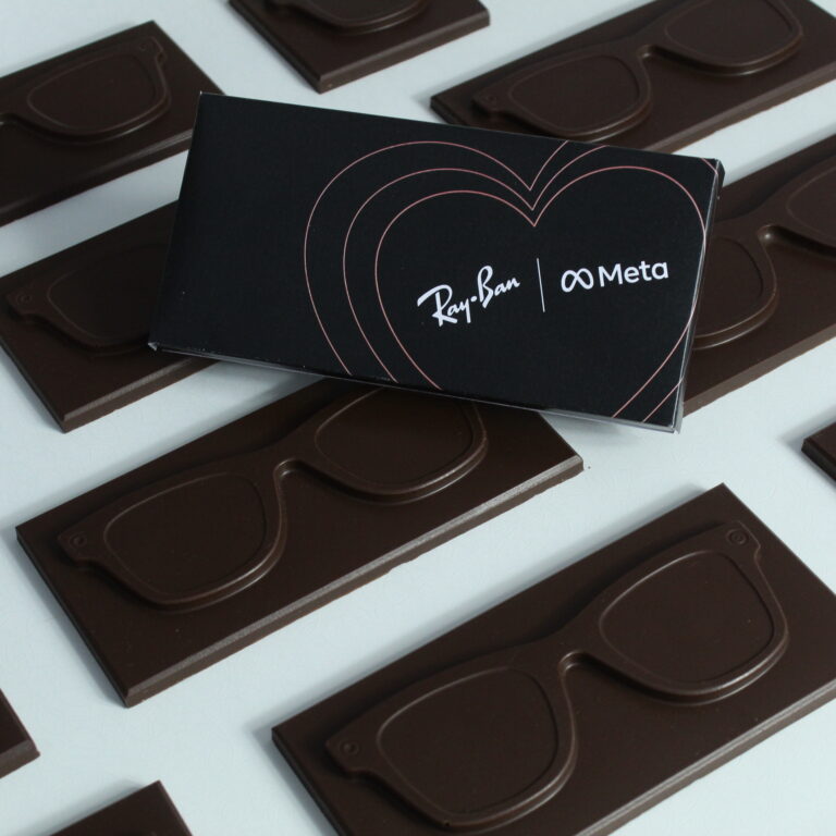 Meta Rayban chocolate bars with glasses design raised out of the chocolate produce a premium chocolate gift for marketing activities and product launches.