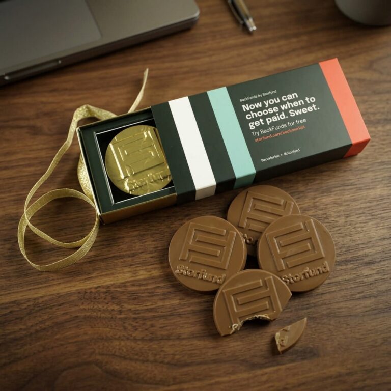 A Branded box of 6 gold foil coins, the box is open and you can see one of the coins, the gold ribbon is sitting to one side and in front are four logo chooclate coins, one has a bite out of it. Perfect for all client gifting occasions.