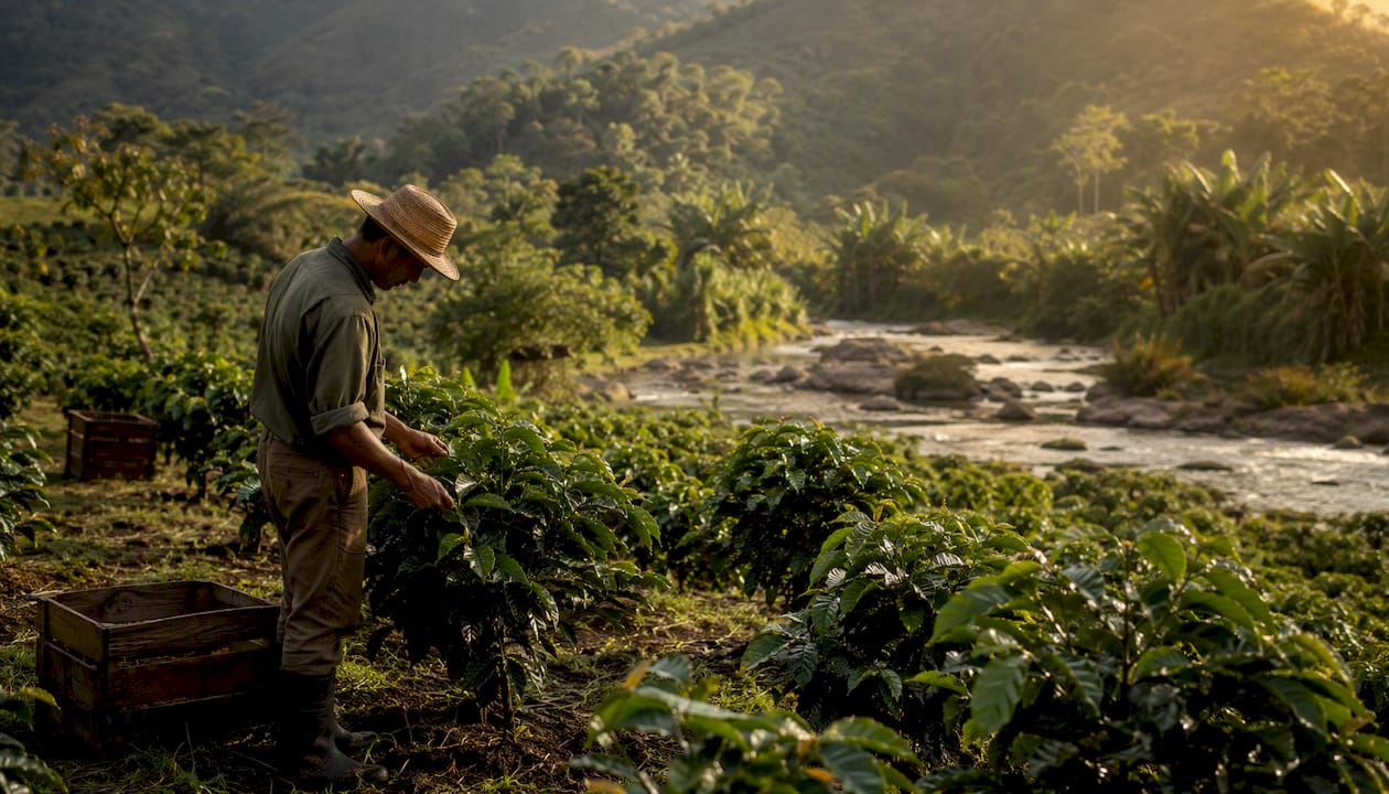 Farmer examining coffee plant leaf in plantation
