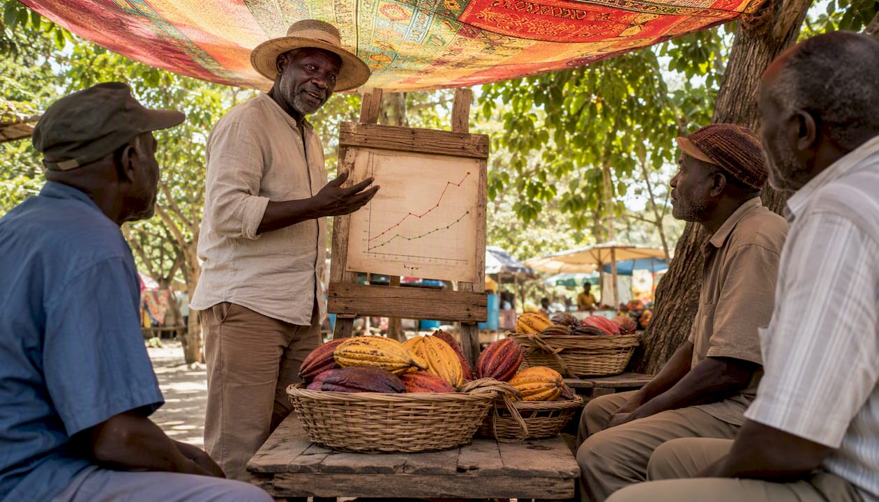 Cocoa farmers reviewing Fairtrade price chart outdoors