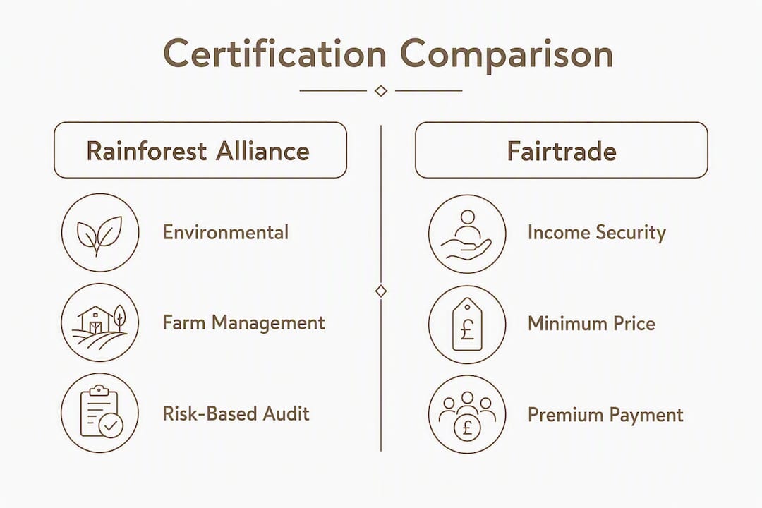 Infographic comparing Rainforest Alliance and Fairtrade features