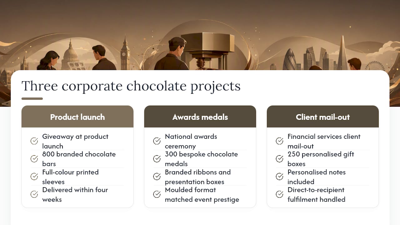 Three corporate chocolate projects that show what is possible — overview diagram