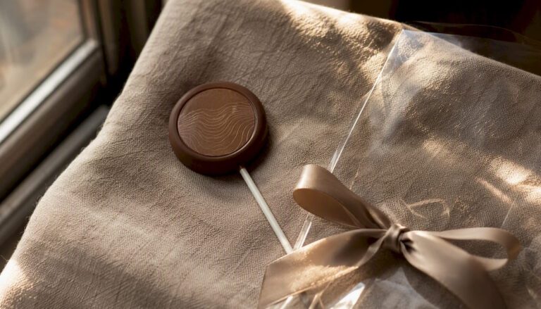Close-up luxury branded chocolate lollipop with packaging