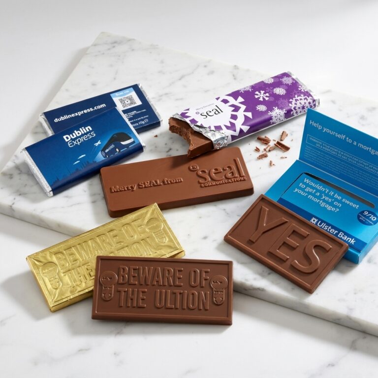 A selection of branded chocolate bar ideas. Logo chocolate bar in a blue hinged box, one bar in gold foil, one bar in a blue branded wrapper and one in a purple snowflake design wrapper, arranged on a marble background.