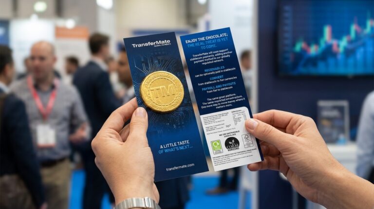 Conference giveaway ideas of a bespoke chocolate coin adhered to a blue full colour branded card, held by a delegate in a conference hall.