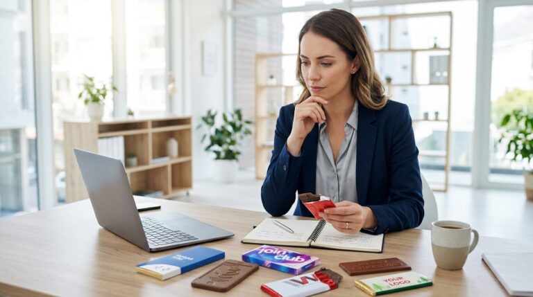 A marketing executive sitting at her office desk considering the examples of chocolate wrapper design samples.