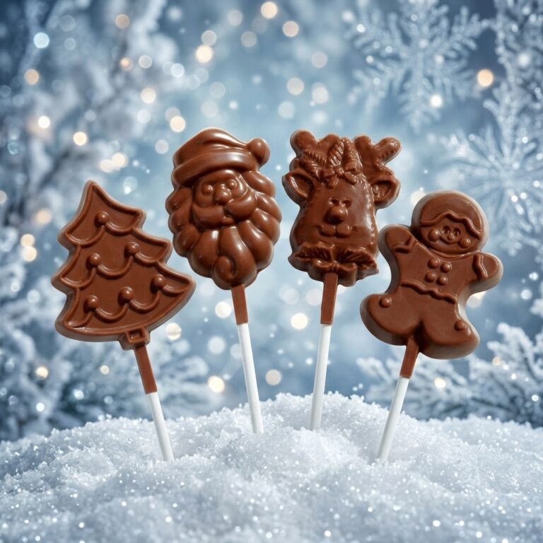 Christmas Promotional Gifts, a chocolate Christmas tree, Santa, Reindeer and Gingerbreadman lollipops on a snowy background.