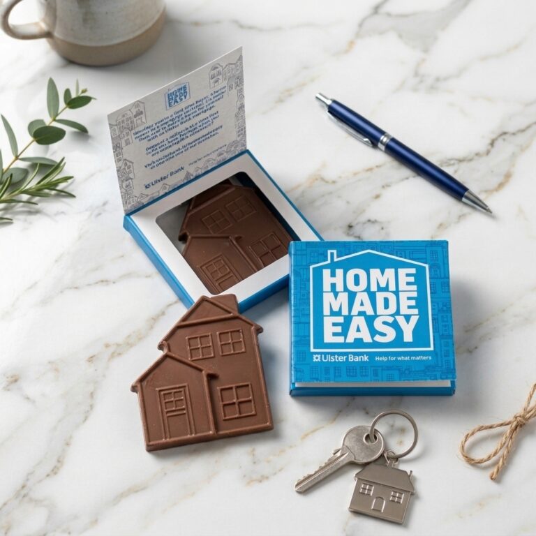 Branded chocolate bar in the shape of a house, displayed beside its blue branded gift box. Set on a white marble surface.